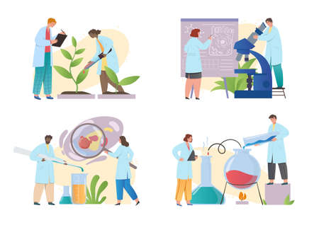 Set of male and female scientists conducting scientific researches and vaccine testing on white backgroundのイラスト素材