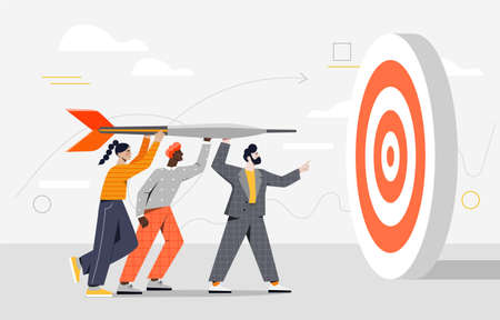 Male and female characters holding dart aiming on bullseye target together