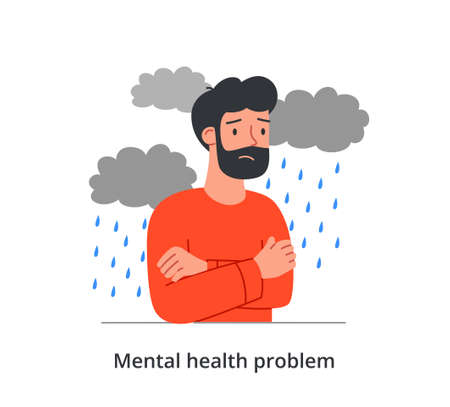 Sad male character is having a mental health problem on white backgroundのイラスト素材