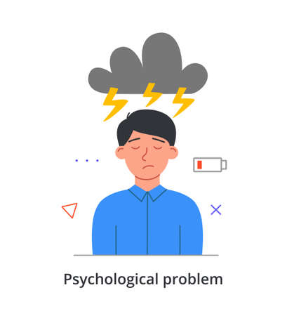 Young stressed male character is having a psychological problem on white backgroundのイラスト素材
