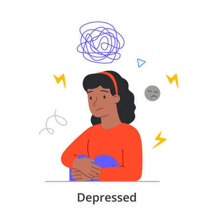 Sad young female character is sitting silently alone having depression on white backgroundのイラスト素材