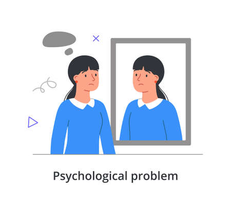 Unhappy female character having psychological problems is looking in the mirror on white backgroundのイラスト素材