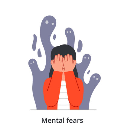 Scared young female character having mental fears is covering her face from monster behind on white backgroundのイラスト素材