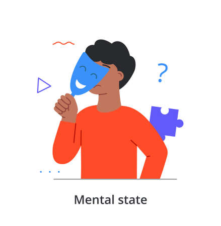Young male character is hiding his face with true mental state under mask on white backgroundのイラスト素材