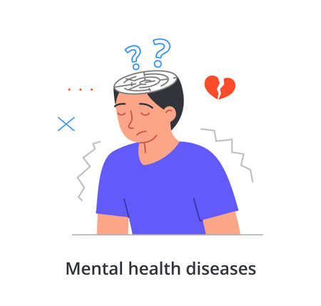 Unhappy male character is suffering from mental health diseases on white backgroundのイラスト素材