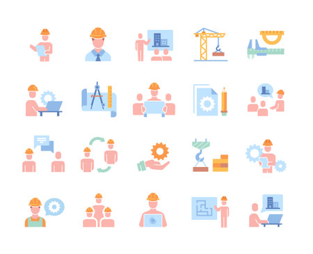 Icon collection with builders, tools and equipmentのイラスト素材