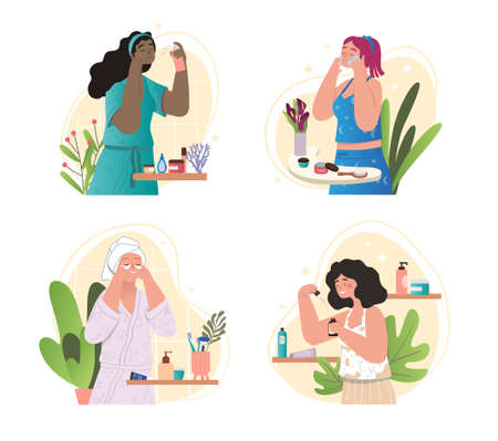 Collection of female characters caring for skinのイラスト素材