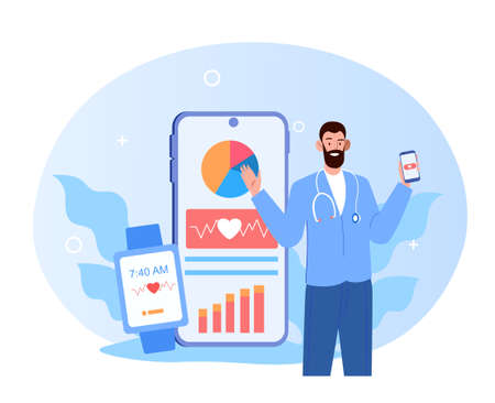 Bearded man introduce app for heartbeat measuring.のイラスト素材