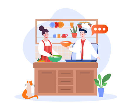 Laptop on kitchen table with online cooking class.のイラスト素材