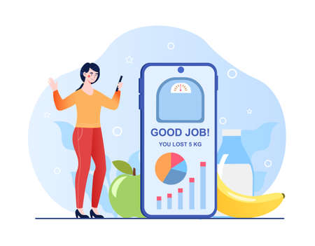 Girl use weight loss app control food consumptionのイラスト素材