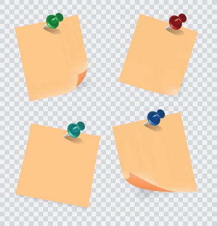 Colored sticky notes paper with push pin on transparent backgroundのイラスト素材