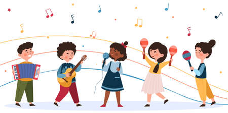 Children sing and play musical instrumentsのイラスト素材