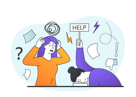Woman lies on table, tired of her friendのイラスト素材