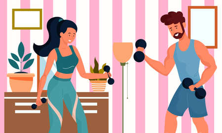 Man and woman work out at homeのイラスト素材