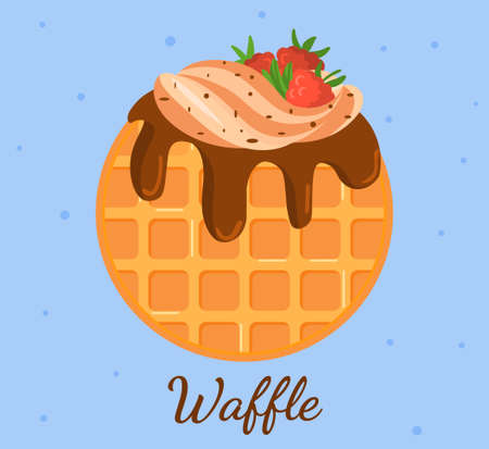 Waffle with chocolate and strawberries. Logo for cafe, restaurant. Delicious food, dessert, sweets. Graphic elements for website, online store. Flat vector illustration isolated on blue backgroundのイラスト素材