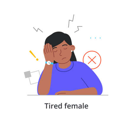 Tired female character is sitting at work with eyes closed on white backgroundのイラスト素材