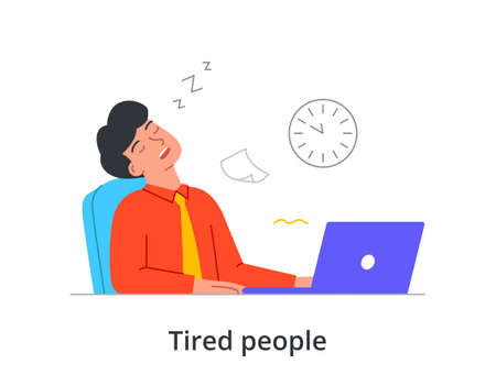 Extremely tired male character is sleeping at work in front of laptop on white backgroundのイラスト素材