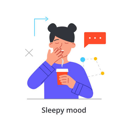 Sleepy female character is yawing at work and trying to stay awake on white background. People with sleep lacking tired in daily work life with fatigue. Flat cartoon vector illustrationのイラスト素材