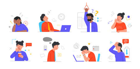 Set of tired, sleepy male and female characters in daily life scenes on white backgroundのイラスト素材