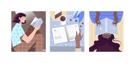 Set of scenes with female characters reading a book everywhere on white background. Young woman reading a book while drinking coffee. Hand holding book. Flat cartoon vector illustrationのイラスト素材