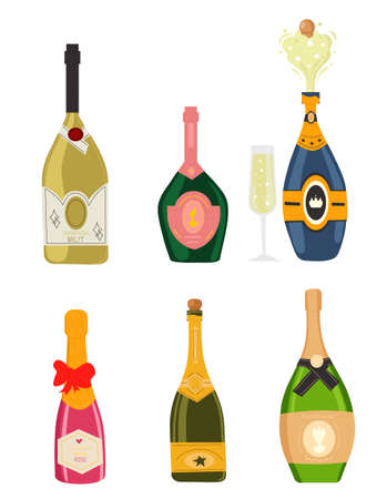 Set with different colorful bottles of champagne on white backgroundのイラスト素材