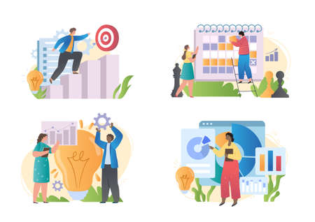 Set with male and female characters working on strategic business planning on white backgroundのイラスト素材