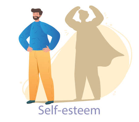 Bearded male character is standing with confident version of himself as a shadow behind on white background. Concept of self love, body positive, confidence boost. Flat cartoon vector illustrationのイラスト素材