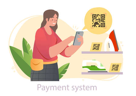 Smiling female character is scanning qr code with her smartphone on white background. Concept of modern digital payment system for clients in restaurants. Flat cartoon vector illustrationのイラスト素材