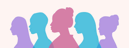Set of colorful silhouette of college female students or schoolchildren on pastel background. Concept of young students or teenagers as a team. Flat cartoon vector illustrationのイラスト素材