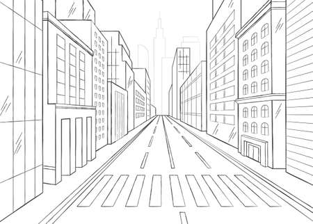 Hand drawn big city street graphic black and white sketch on white backgroundのイラスト素材