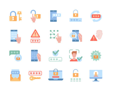 Collection of essential colorful password related icons on white backgroundのイラスト素材