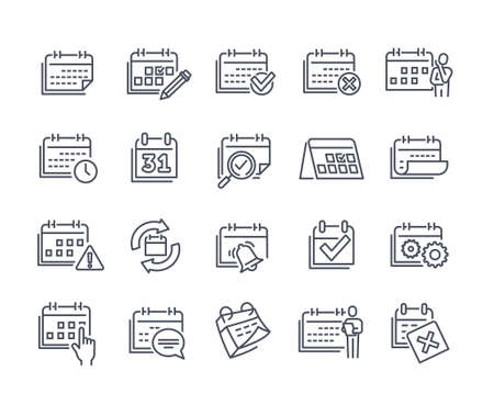 Set of linear calendar related essential icons on white background. Concept of appointment, date settings, working schedule elements. Flat cartoon vector illustrationのイラスト素材
