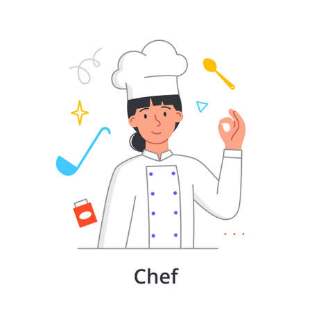 Young female character is enjoing working as a chef on white backgroundのイラスト素材