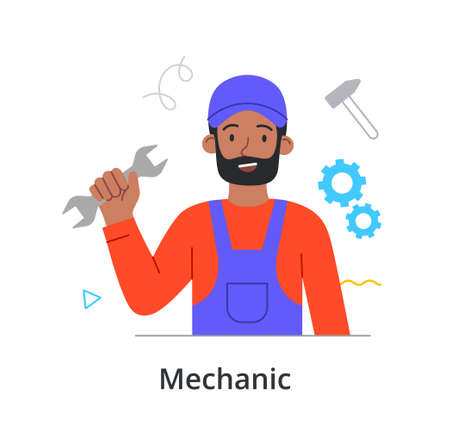 Smiling male character is enjoing working as a mechanic on white backgroundのイラスト素材