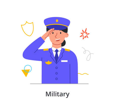 Cheerful female character in uniform enjoing working ain military on white backgroundのイラスト素材