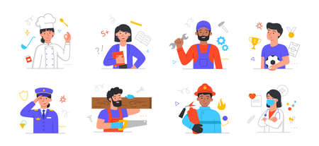 Set with male and female characters of different professions on white backgroundのイラスト素材