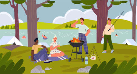 Happy male and female characters are spending time at barbeque at the river bank togetherのイラスト素材