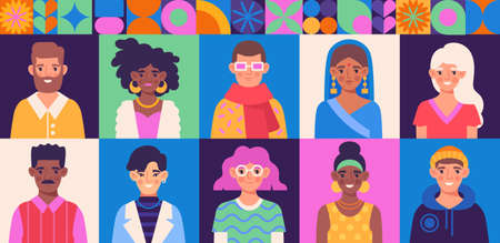Set of diverse community with various male and female characters on colorful backgroundsのイラスト素材