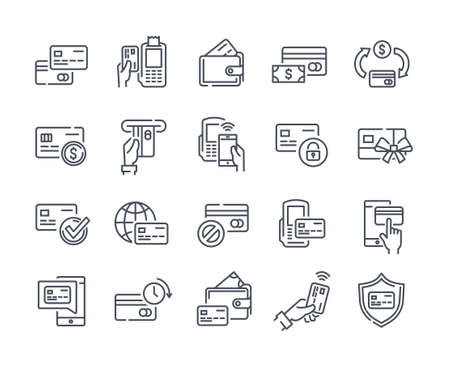 Set of credit card related linear icons on white backgroundのイラスト素材