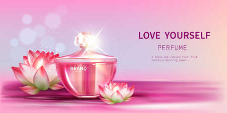 Elegant perfume pink glass bottle advertisment upon water surfaceのイラスト素材