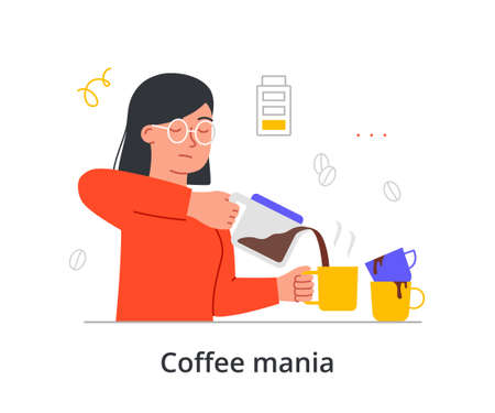 Young tired female character is suffering from coffee mania on white backgroundのイラスト素材