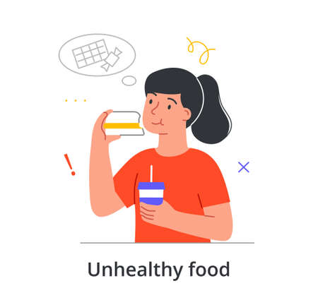 Young female character is suffering from alcoholism on white backgroundのイラスト素材