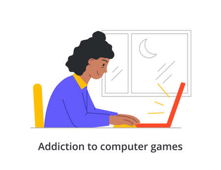Exhausted young female character is suffering from addiction to computer games on white backgroundのイラスト素材