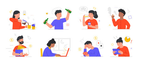 Set of scenes with male and female characters suffering from unhealthy habits on white backgroundのイラスト素材