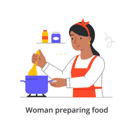 Young cute female character is preparing a dish at home using a pot on white backgroundのイラスト素材