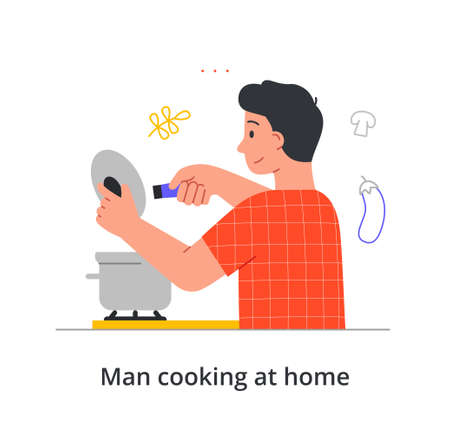 Smiling male character is stirring up the soup he makes at home on white backgroundのイラスト素材