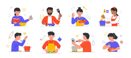 Set with smiling male and female characters cooking on kitchen tableのイラスト素材