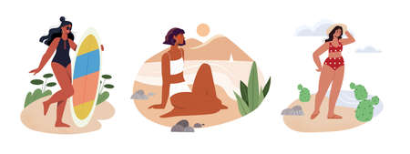 Set with beautiful women in different situations on the beach, sitting near ocean, going surfing on white backgroundのイラスト素材