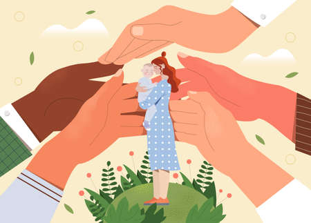 Big human hands are assisting a young single mother with little childのイラスト素材
