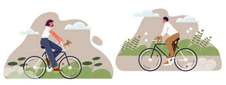 Young male and female characters are riding bicycles with baskets on white backgroundのイラスト素材